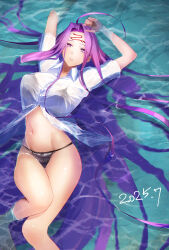 1girl :o ahoge black_panties breasts collared_shirt commentary_request dated facial_mark fate/stay_night fate_(series) forehead forehead_mark highres large_breasts long_hair looking_at_viewer lying medusa_(fate) medusa_(rider)_(fate) minami_koyogi navel panties parted_lips partially_submerged shirt short_sleeves solo stomach underwear very_long_hair water wet wet_clothes wet_shirt white_shirt