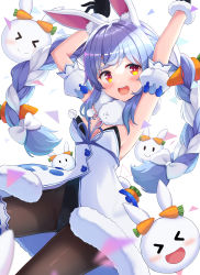 &gt;_&lt; 1girl :d absurdres animal_ears arms_up black_gloves black_leotard blue_hair blush bow braid brown_pantyhose carrot_hair_ornament closed_eyes commentary_request detached_sleeves don-chan_(usada_pekora) dress food-themed_hair_ornament fur-trimmed_dress fur-trimmed_gloves fur_trim gloves hair_bow hair_ornament highres hololive kaie leotard long_hair looking_at_viewer multicolored_hair open_mouth pantyhose pekomon_(usada_pekora) puffy_short_sleeves puffy_sleeves rabbit_ears red_eyes short_eyebrows short_sleeves smile strapless strapless_dress strapless_leotard teeth thick_eyebrows twin_braids twintails two-tone_hair upper_teeth_only usada_pekora usada_pekora_(1st_costume) very_long_hair virtual_youtuber white_bow white_dress white_hair white_sleeves xd