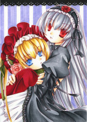 2girls black_dress black_hairband black_ribbon blonde_hair blue_eyes bonnet capelet commentary_request dress expressionless flower frilled_hairband frills gothic_lolita grey_hair hair_between_eyes hair_ribbon hairband hug juliet_sleeves lolita_fashion lolita_hairband long_hair long_sleeves looking_at_viewer morinaga_hinase multiple_girls parted_lips pink_flower pink_rose puffy_sleeves purple_background red_capelet red_eyes red_headwear ribbon rose rozen_maiden shinku striped_background suigintou upper_body