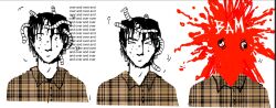 1boy :| bags_under_eyes black_hair blank_stare blood blood_splatter closed_eyes closed_mouth collared_shirt crawling cross-eyed english_text exploded_head eyeball headless highres implied_murder implied_suicide looking_at_viewer male_focus motion_lines multiple_views original plaid_clothes plaid_shirt shirt short_hair solo t0talknockout white_background worm