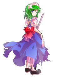 1girl alphes_(style) android apron back back_bow black_shoes blue_dress bow commentary_request dairi defeat dress frilled_sleeves frills full_body green_hair holding large_variant_set maid maid_apron maid_headdress mary_janes mop parody parted_bangs puffy_short_sleeves puffy_sleeves red_bow ruukoto shoes short_hair short_sleeves socks solo style_parody tachi-e torn_clothes touhou touhou_(pc-98) transparent_background variant_set waist_apron white_apron white_socks