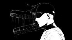 1boy alternate_form bad_batter baseball_cap baseball_uniform black_background closed_mouth from_side hat highres male_focus monster off_(game) open_mouth partially_shaded_face profile saliva shirt short_hair simple_background solo spoilers sportswear tanblaque teeth the_batter_(off) upper_body very_short_hair