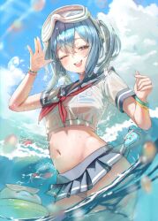 1girl \||/ absurdres arahashi_tabi blue_hair blue_skirt blush chromatic_aberration cloud commentary_request finger_heart goggles goggles_on_head highres jindogod korean_commentary lens_flare midriff miniskirt navel one_eye_closed open_mouth panties panty_peek partially_submerged pleated_skirt pungdangi_(arahashi_tabi) red_ribbon ribbon sailor_collar school_uniform see-through_clothes see-through_shirt serafuku shirt skirt sky solo splashing stellive twintails underwear virtual_youtuber wet wristband