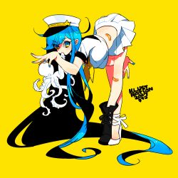 1girl 2017 absurdly_long_hair asymmetrical_footwear bandaid bandaid_on_leg black_boots blue_eyes blue_hair blue_nails boots hat high_heels illustration.media kinako_(marubotan) leaning_forward long_hair looking_at_viewer midriff nail_polish octopus original pleated_skirt simple_background skirt solo uneven_footwear very_long_hair white_boots white_hat white_skirt yellow_background