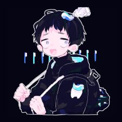 Rule 34 | 1boy, backpack, bag, black background, black bag, black hair, black jacket, black sweater, commentary request, cotono (nazekun), cropped torso, grey eyes, hacchi (napoli no otokotachi), hood, hood down, hooded jacket, jacket, long sleeves, male focus, napoli no otokotachi, open mouth, outline, short hair, simple background, smile, solo, sweater, tooth, toothbrush, toothpaste, turtleneck, turtleneck sweater, white outline