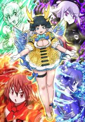 4girls adansosutega animal_ears black_hair blue_eyes blue_garter_belt blue_hair bow bowtie breasts byakko_(kemono_friends) cleavage cleavage_cutout clothing_cutout dragon_ears dragon_tail dress ear_tufts extra_ears genbu_(kemono_friends) giraffe_ears giraffe_girl giraffe_horns giraffe_tail gloves grey_hair hair_between_eyes head_wings highres horns japari_symbol kemono_friends kemono_friends_3 kirin_(kemono_friends) large_breasts long_hair long_sleeves looking_at_viewer multicolored_hair multiple_girls open_mouth red_hair scale_print seiryuu_(kemono_friends) shirt shishin_(kemono_friends) short_hair skirt smile suzaku_(kemono_friends) tail tiger_ears twintails white_hair white_tiger_print wings yellow_horns yellow_trim