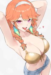 1girl absurdres armpits arms_behind_head arms_up bikini bikini_top_only blue_shorts bluefield braid breasts cleavage commentary denim denim_shorts english_commentary front-tie_bikini_top front-tie_top gold_bikini golden_week golden_week_bikini gradient_hair green_hair hair_over_shoulder hairband highres hololive hololive_english large_breasts long_hair looking_at_viewer low_twin_braids multicolored_hair navel official_alternate_hairstyle open_fly open_mouth orange_hair pink_eyes purple_eyes red_hair short_shorts shorts simple_background solo swimsuit takanashi_kiara tongue tongue_out twin_braids virtual_youtuber white_background white_hairband