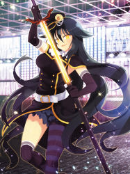 1girl belt black_hair breasts elbow_gloves evil_smile gloves hat highres hyoki_(senran_kagura) legs long_hair long_sword military military_hat military_uniform miniskirt open_mouth senran_kagura sideboob skirt smile sword thighhighs thighs weapon yellow_eyes