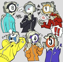 Rule 34 | !, 6+boys, anger vein, angry, ball, billiard ball, black jacket, black track suit, blue jacket, blue track suit, bomb rush cyberfunk, clenched hands, crying, curved monitor, cyberhead, cyborg, dot exe, grey background, highres, jacket, laughing, male focus, moffumofu0000, monitor, multiple boys, nose bubble, orange jacket, orange track suit, purple jacket, purple track suit, red track suit, simple background, sleeping, spoken anger vein, spoken exclamation mark, surprised, track suit, yellow jacket, yellow track suit