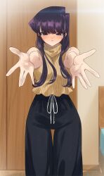 1girl black_hair black_pants drawstring gaston18 highres indoors komi-san_wa_komyushou_desu komi_shouko long_hair looking_at_viewer pants reaching reaching_towards_viewer shirt shorts sleeveless sleeveless_shirt solo turtleneck turtleneck_shirt yellow_shorts