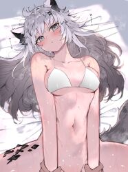 1boy 1girl animal_ears arknights bikini blush bottomless breasts collarbone commentary_request grey_eyes grey_hair groin hetero highres holding_another&#039;s_wrist implied_sex kyuu_(plastic_night_q) lappland_(arknights) long_hair looking_at_viewer lying material_growth medium_breasts navel on_back oripathy_lesion_(arknights) out-of-frame_censoring solo solo_focus sweat swimsuit tail white_bikini