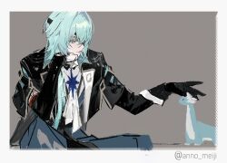 Rule 34 | 1boy, anaxa (honkai: star rail), anno meiji, black gloves, black jacket, blue pants, closed mouth, creature, dromas (honkai: star rail), eyepatch, gloves, honkai: star rail, honkai (series), jacket, male focus, medium hair, one eye covered, pants, partially fingerless gloves, side ponytail, sitting, solo, twitter username