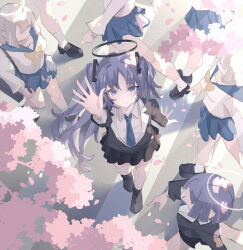 6+girls absurdres bag black_bag black_jacket black_shoes black_skirt blue_archive blue_necktie blue_sailor_collar blue_skirt blunt_bangs bow cherry_blossoms closed_mouth faceless faceless_female highres holding holding_bag jacket long_hair multiple_girls necktie purple_eyes purple_hair reaching revision sailor_collar shirt shoes sidelocks skirt smile two_side_up white_shirt yellow_bow yuuka_(blue_archive) zxcould23