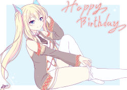 1girl bare_shoulders blonde_hair blue_eyes breasts hand_in_own_hair happy_birthday highres iris_mysteria! k_(nura-rikuo) large_breasts long_hair looking_at_another lydia_(iris_mysteria!) necktie removing_sock sitting smile thighhighs thighs twintails