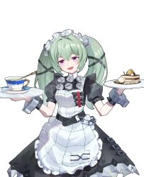 1girl :d a_maple absurdres apron black_dress cake cake_slice corin_wickes cowboy_shot dress food green_hair hair_between_eyes highres holding holding_plate long_hair looking_at_viewer maid maid_apron maid_headdress open_mouth plate puffy_short_sleeves puffy_sleeves purple_eyes screw_hair_ornament short_sleeves smile twintails white_apron white_background zenless_zone_zero