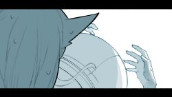 1girl animal_ears arknights cat_ears cat_girl greyscale highres kal&#039;tsit_(arknights) letterboxed monochrome pregnant solo sweat teasmacker