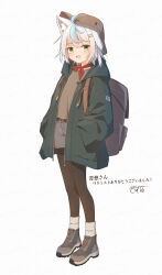 1girl :d absurdres animal_ear_fluff animal_ears black_pantyhose blue_hair blue_jacket blush brown_hat brown_shirt commentary_request coreytaiyo dated full_body green_eyes grey_background grey_hair grey_shoes grey_shorts hair_between_eyes hair_ornament hairclip hands_in_pockets hat highres hood hood_down hooded_jacket jacket long_sleeves looking_at_viewer multicolored_hair open_clothes open_jacket open_mouth original pantyhose pantyhose_under_shorts puffy_long_sleeves puffy_sleeves shirt shoes short_shorts shorts signature simple_background smile socks socks_over_pantyhose solo standing streaked_hair tilted_headwear translation_request white_socks