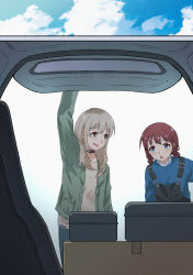 2girls absurdres black_choker black_overalls blue_eyes blue_sweater brown_hair choker commentary english_commentary girls_band_cry green_jacket grey_hair guitar_case highres instrument_case iseri_nina jacket kawashiro_nitori long_hair low_twintails multicolored_hair multiple_girls open_clothes open_jacket open_mouth overalls roots_(hair) shirt short_hair short_twintails sidelocks simple_background summer_left sweater twintails white_background white_shirt