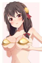1girl bikini black_hair blush bow braid breasts bunny1219 cleavage collarbone crown_braid gold_bikini grabbing_own_breast hair_bow hair_ornament highres kono_subarashii_sekai_ni_shukufuku_wo! large_breasts looking_at_viewer low_twintails medium_breasts open_mouth pink_background red_bow red_eyes simple_background solo string_bikini swimsuit twintails upper_body yunyun_(konosuba)