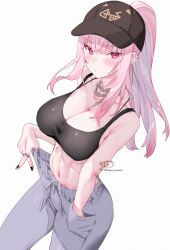 1girl absurdres alternate_costume armpit_crease bare_arms baseball_cap black_bra black_hat black_nails black_tank_top blunt_bangs bra bra_strap breasts chain chain_necklace cleavage crop_top grey_pants hand_in_pocket hat highres hololive hololive_english jewelry kamiya_maneki large_breasts long_hair looking_at_viewer midriff mori_calliope nail_polish navel necklace pants pink_eyes pink_hair ponytail ring sidelocks simple_background solo spiked_ear_piercing straight_hair sweatpants tank_top toned toned_female underwear virtual_youtuber white_background