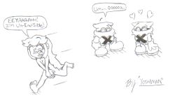 Rule 34 | 1girl, 2boys, accidental exposure, barefoot, breast press, breasts, clothed male nude female, completely nude, covering breasts, covering crotch, covering privates, earrings, embarrassed, english text, eyelashes, full body, gloves, jewelry, lipstick, long hair, makeup, mario (series), monochrome, multiple boys, nintendo, nude, open mouth, paper mario, paper mario: the thousand-year door, princess peach, public indecency, running, screaming, sidelocks, simple background, soles, streaking, traditional media, v arms, white background, wide-eyed, x-naut, yoshiman hostler