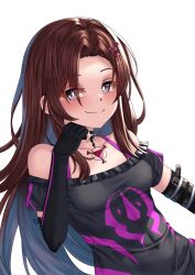 1girl abs arm_belt bare_shoulders bra breasts brown_hair ceijin choker commission commissioner_upload digital_hazard dusk_(wayanfa) elbow_gloves eyelashes fingerless_gloves frills gloves hair_ornament highres jewelry long_hair looking_at_viewer non-web_source original pendant pink_eyes shirt short_sleeves sigil small_breasts smug t-shirt transparent_background underwear upper_body