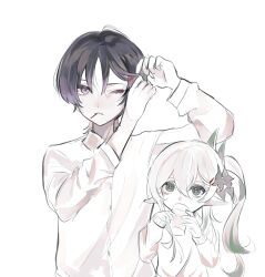 1boy 1girl alternate_costume black_hair blunt_ends closed_mouth collared_shirt colored_tips cross-shaped_pupils cup drinking eyelashes eyeliner eyeshadow genshin_impact green_eyes green_hair grey_pupils hair_ornament hairclip hands_up height_difference highres holding holding_cup hoshino_01074 long_hair long_sleeves looking_at_viewer makeup multicolored_hair nahida_(genshin_impact) one_eye_closed pointy_ears purple_eyes purple_hair red_eyeliner red_eyeshadow scaramouche_(genshin_impact) shirt side_ponytail sidelocks sketch streaked_hair symbol-shaped_pupils tying_hair white_background white_hair white_shirt white_sleeves wispy_bangs