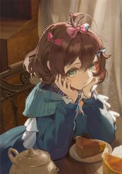 1girl ahoge blue_bow blue_dress blue_eyes blue_scarf bow brown_hair cake cake_slice cccc2445 cropped curtains dress flutterpage food hair_bow hands_on_own_cheeks hands_on_own_face indoors looking_at_viewer multiple_hair_bows pink_bow plate reverse:1999 scarf short_hair solo teapot upper_body