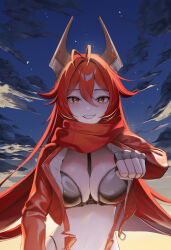 1girl absurdres antenna_hair between_breasts black_gloves breasts cleavage cloud cloudy_sky commentary fingerless_gloves gani1127 gloves goddess_of_victory:_nikke grin hair_between_eyes hair_flaps highres horns incoming_fist_bump jacket large_breasts leather leather_jacket long_hair long_sleeves looking_at_viewer mechanical_horns midriff navel open_clothes open_jacket outdoors red_hair red_hood_(nikke) red_jacket red_scarf scarf sidelocks sky smile solo standing strap_between_breasts sunset suspenders teeth unzipped upper_body yellow_eyes zipper