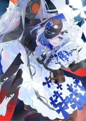 1girl 1other black_bow black_mask black_skin blue_eyes bow capelet colored_skin croma_mhach dress edelweiss_(shadowverse) hair_bow highres hood hood_up hooded_capelet long_hair looking_at_viewer mask medium_hair open_mouth shadowverse shadowverse:_worlds_beyond smile white_bow white_capelet white_dress white_hair