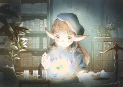 1girl beret blue_butterfly blue_cape blue_hat blue_robe book bookshelf brown_hair bug butterfly cape child closed_mouth commentary crystal_ball english_commentary glowing green_butterfly green_eyes hair_ornament hairclip hand_on_book hat indoors insect long_hair looking_at_object magic medicine_cabinet morino0903 open_book open_box original pink_butterfly plant pointy_ears potted_plant purple_butterfly robe solo vial weighing_scale wide-eyed yellow_butterfly