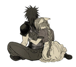 Rule 34 | 1boy, 1girl, aerith gainsborough, armor, baggy pants, bangle, boots, bracelet, braid, braided ponytail, couple, dress, final fantasy, final fantasy vii, final fantasy vii rebirth, final fantasy vii remake, from behind, full body, greyscale, hair ribbon, head on another&#039;s back, hug, hug from behind, huosheanng, indian style, jacket, jewelry, long dress, long hair, monochrome, pants, ribbed sweater, ribbon, short sleeves, shoulder armor, sitting, sleeveless, sleeveless turtleneck, spiked hair, sweater, turtleneck, turtleneck sweater, white background, zack fair