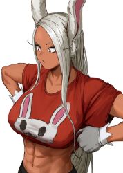 1girl abs adjusting_shirt animal_ears animal_print boku_no_hero_academia breasts collarbone commentary dark-skinned_female dark_skin english_commentary gloves highres hitomazuk large_breasts long_eyelashes long_hair looking_to_the_side midriff mirko navel parted_bangs parted_lips print_shirt pulling_own_clothes rabbit_ears rabbit_girl rabbit_print red_eyes red_shirt shirt simple_background solo stomach toned toned_female upper_body very_long_hair white_background white_gloves white_hair