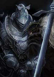 2boys armor banished_knight_oleg black_background breastplate elden_ring full_armor highres holding holding_sword holding_weapon hug knight multiple_boys smile sword tarnished_(elden_ring) tworain_w weapon