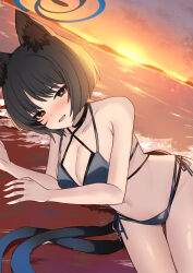 1girl absurdres animal_ear_fluff animal_ears bare_arms bare_shoulders bikini blue_archive blue_bikini blush breasts cat_ears cat_girl cat_tail cleavage highres kikyou_(blue_archive) kikyou_(swimsuit)_(blue_archive) large_breasts lying mi_taro333 multiple_tails ocean official_alternate_costume on_side open_mouth short_hair solo sunset swimsuit tail two_tails