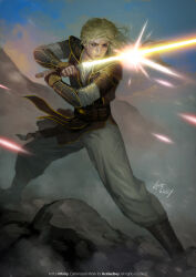 1girl artist_name black_boots blonde_hair bodysuit boots commission commissioner_name energy_sword english_text grey_bodysuit hifarry highres holding holding_sword holding_weapon lightsaber long_hair outdoors purple_eyes signature solo standing star_wars sword vambraces weapon yellow_lightsaber