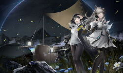 Rule 34 | 2girls, :d, absurdres, animal ears, arknights, arknights: endfield, arm up, black coat, black eyes, black gloves, black hair, black pantyhose, blue eyes, blue flower, box, bush, cardboard box, coat, commentary, copyright name, dress, endministrator (arknights), feet out of frame, female endministrator (arknights), flower, gloves, grey hair, hand in own hair, highres, lantern, light particles, long sleeves, looking at viewer, looking up, multiple girls, night, open clothes, open coat, open mouth, outdoors, pantyhose, parted lips, perlica (arknights), plant, revision, short dress, short hair, smile, standing, tenmu miyabi, tent, white dress, white flower, wind