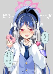 Rule 34 | 1girl, absurdres, antenna hair, armband, aroused, blue archive, blue armband, blue hair, blue necktie, blue vest, blush, bow, commentary, cum, cum on body, cum on food, cum on hair, cum on hands, donut, eyes visible through hair, facial, food, fubuki (blue archive), grey background, grey hair, hair between eyes, hair bow, hair ornament, halo, hands up, heart, heart hair ornament, heavy breathing, hetero, highres, holding, holding donut, holding food, jacket, long hair, looking down, necktie, nose blush, open clothes, open jacket, pink halo, police, police uniform, red eyes, ryochapu, simple background, sleeves past wrists, slit pupils, solo, sound effects, speech bubble, straight-on, teeth, translation request, tsurime, twintails, upper body, upper teeth only, very long hair, vest, white bow, white jacket