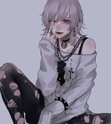 1girl bare_shoulders bear_charm black_choker black_eyes black_pantyhose black_shorts bra_strap bracelet bracelet_over_sleeve chain chain_necklace choker commentary_request cross ear_piercing eyelashes feet_out_of_frame grey_background grey_hair hair_between_eyes highres jewelry knee_up latin_cross licking_lips long_sleeves looking_at_viewer mano_aaa medium_hair middle_finger mole mole_under_eye nail_art nail_polish necklace off-shoulder_shirt off_shoulder original pantyhose paperclip_earrings parted_lips piercing print_shirt red_lips shirt shorts simple_background single_sleeve_past_fingers sitting sleeves_past_wrists solo spiked_bracelet spikes tongue tongue_out torn_clothes torn_pantyhose white_nails white_shirt wolf_cut