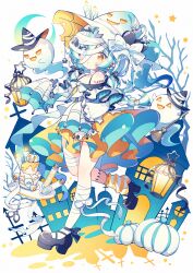 Rule 34 | 1girl, bandaged head, bandaged leg, bandages, bare tree, black footwear, blue eyes, blue skirt, building, commentary, crescent moon, dress, fence, ghost, ghost pose, halloween, heterochromia, high heels, highres, hyou (pixiv3677917), lantern, layered skirt, leg warmers, looking at viewer, moon, orange eyes, orange skirt, original, pumpkin, simple background, single bare shoulder, single leg warmer, skirt, sleeves past fingers, sleeves past wrists, solo, star (symbol), striped leg warmers, symbol-only commentary, tree, white background, white dress, white leg warmers, witch, yellow leg warmers