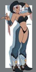 1girl angel_(kof) boots breasts cleavage cowboy cowboy_boots cowboy_clothes cowboy_hat cowboy_western cowgirl_outfit curvy female_focus hat large_breasts leather medium_breasts panties short_hair snotratz standing star_(symbol) the_king_of_fighters underwear western white_hair wings