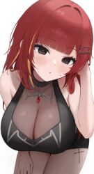 1218_haruru 1girl absurdres akane_lize bare_arms bare_shoulders black_eyes black_shirt blunt_bangs blush breasts cleavage closed_mouth cowboy_shot cross hair_ornament hairclip hand_on_own_thigh hand_up highres jewelry large_breasts long_hair looking_at_viewer mole mole_on_cheek multicolored_hair necklace red_hair see-through_cleavage see-through_clothes shirt sleeveless sleeveless_shirt solo standing stellive streaked_hair sweat thighs virtual_youtuber