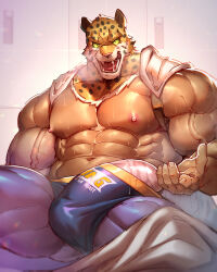 1boy abs animal_ears animal_head bara beckoning bulge come_hither erection erection_under_clothes highres huge_pectorals jaguar_boy jaguar_ears king_(tekken) large_bulge locker locker_room looking_at_viewer male_focus muscular muscular_male navel nipples outstretched_hand solo spandex strongman_waist sweat tekken thick_thighs thighs topless_male very_sweaty vorusu wrestling_outfit