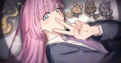 ._. 1girl :3 :| ;) adversarial_noise alternate_costume anyoji_hime bak_pep black_jacket blonde_hair blue_eyes blunt_sidelocks blush_stickers ceras_yanagida_lilienfeld character_doll closed_mouth collared_shirt commentary dress_shirt fox_girl furrification furry gradient_hair jacket jitome kachimachi_kosuzu katsuragi_izumi korean_commentary link!_like!_love_live! long_hair long_sleeves looking_at_viewer love_live! momose_ginko multicolored_hair necktie one_eye_closed pink_hair purple_necktie rabbit_girl shirt sidelocks smile solo squirrel_girl upper_body v v-shaped_eyebrows very_long_hair virtual_youtuber white_shirt wolf_girl