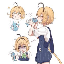 1girl ? ahoge animal animalization black_hair blonde_hair blush_stickers chinese_commentary commentary_request damage_numbers disgust dooby_(vtuber) english_text fish green_eyes green_ribbon hair_between_eyes happy_(yppah1060) highres holding holding_animal holding_fish indie_virtual_youtuber kiss kissing_animal multicolored_hair multiple_views neck_ribbon overall_shorts overalls ribbon senzawa short_hair simple_background sparkle speech_bubble tail tongue tongue_out turn_pale two-tone_hair virtual_youtuber white_background