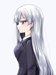 1girl black_jacket blazer blue_necktie closed_mouth collared_shirt eiai_nano expressionless from_side grey_background grey_hair hair_between_eyes jacket kimi_no_koto_ga_dai_dai_dai_dai_daisuki_na_100-nin_no_kanojo light_blush long_hair necktie ohananomitsu_high_school_uniform parted_bangs profile red_eyes school_uniform shirt simple_background single_sidelock solo upper_body very_long_hair white_shirt yumenobetsu