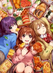 10s 3girls :d apple apple_rabbit bento brown_hair cardigan chicken_(food) closed_eyes cucumber cucumber_slice daikon dango food food_art food_in_mouth food_request fried_chicken fried_rice fruit girl_sandwich hand_on_own_chest highres karaage kawai_makoto koufuku_graffiti leaf long_hair machiko_ryou morino_kirin mouth_hold multiple_girls official_art omelet open_mouth pleated_skirt purple_hair radish rice sandwiched sanshoku_dango school_uniform shiina_(koufuku_graffiti) shrimp skewer skirt smile sweater tako-san_wiener tamagoyaki tomato tomato_slice twintails wagashi yakisoba