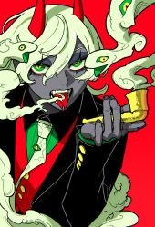 Rule 34 | 1boy, black jacket, collared shirt, colored eyelashes, colored skin, demon horns, eyelashes, fangs, forked tongue, green eyes, green hair, green necktie, grey skin, hair between eyes, highres, holding, holding smoking pipe, horns, jacket, long hair, looking at viewer, male focus, momomo 906, multicolored eyes, necktie, open mouth, original, red background, red horns, red vest, shirt, simple background, slit pupils, smoke, smoke from mouth, smoke trail, smoking, smoking pipe, snake, solo, tongue, tongue out, vest, yellow eyes