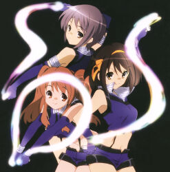 Rule 34 | 3girls, album cover, armband, asahina mikuru, black background, brown hair, closed mouth, cover, gloves, glowstick, highres, midriff, multiple girls, nagato yuki, nishiya futoshi, non-web source, official art, orange hair, purple hair, scan, short hair, shorts, smile, suspenders, suzumiya haruhi, suzumiya haruhi no yuuutsu, twintails