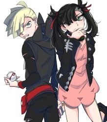 1girl asymmetrical_bangs back-to-back black_hair black_jacket blonde_hair dusk_ball ear_piercing fanny_pack gebo_(13791379y) gladion_(pokemon) green_eyes hair_over_one_eye highres jacket looking_at_viewer looking_back marnie_(pokemon) nintendo piercing poke_ball pokemon pokemon_sm pokemon_swsh premier_ball simple_background teeth white_background